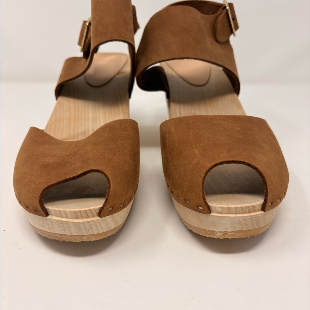 Bryr Miranda Slingback Peep Toe Wooden Clogs Caramel Leather Size 41 - Picture 3 of 10